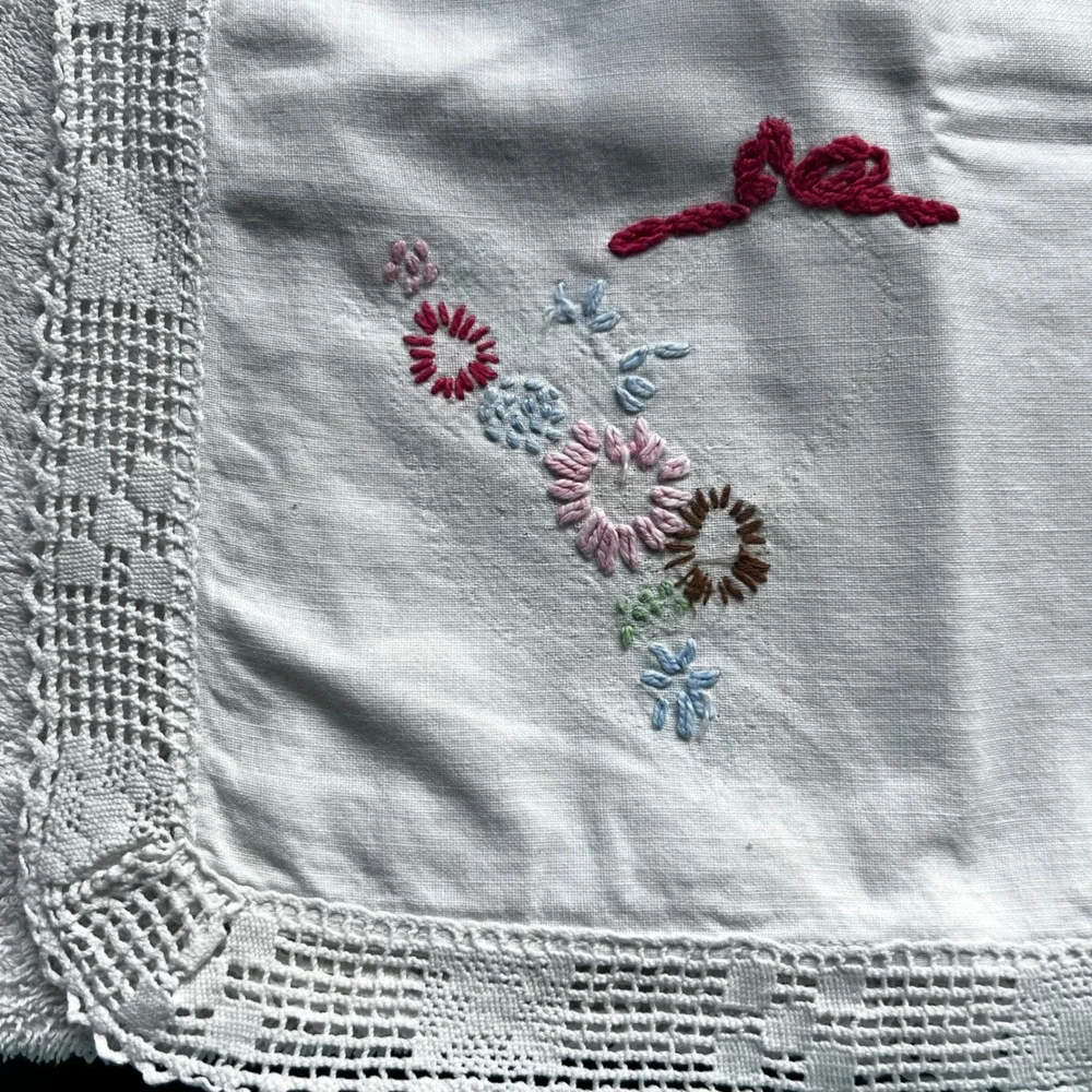Vintage 3pc Table Linens White Hand Embroidered Lace Monogram M Floral Victorian